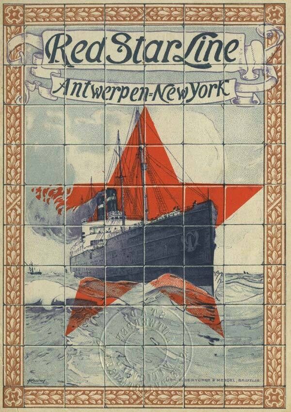 A vintage poster for Red Star Line, featuring a ship and a large red star, with Antwerp-New York text.