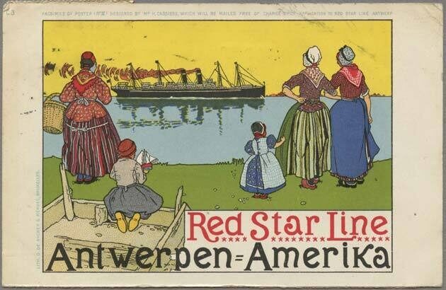 Colourful vintage poster for Red Star Line featuring women in traditional dress watching a ship.
