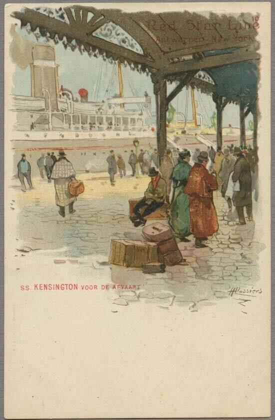 Vintage postcard showing a busy dock with people, the SS Kensington ship, and a canopy overhead.