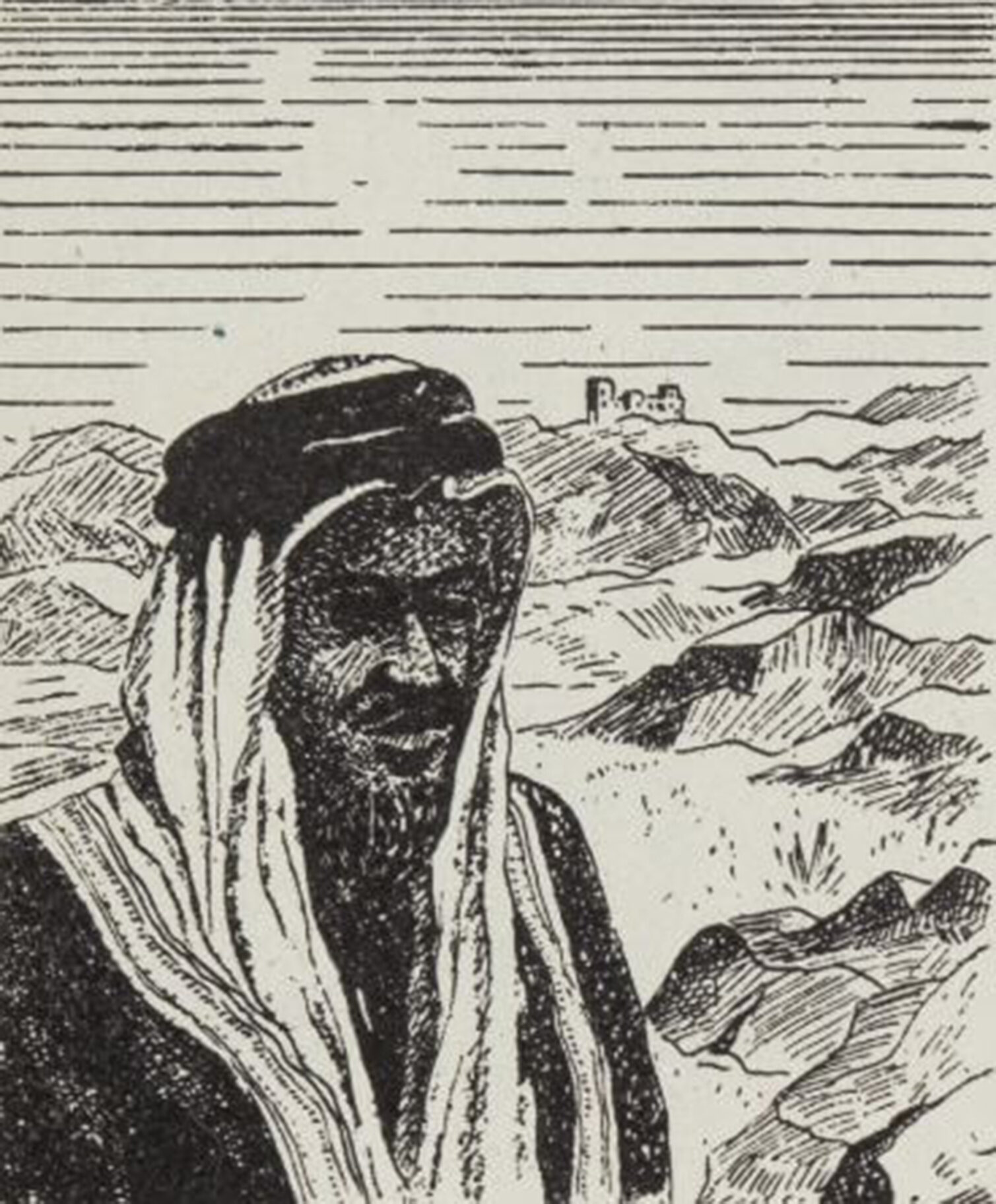 A man wearing a traditional headdress stands in a mountainous landscape, with horizontal lines in the sky