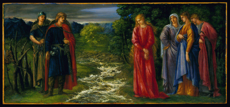 Four figures in historical clothing near a river, with one wearing a red robe. Vegetation and mountains in the background
