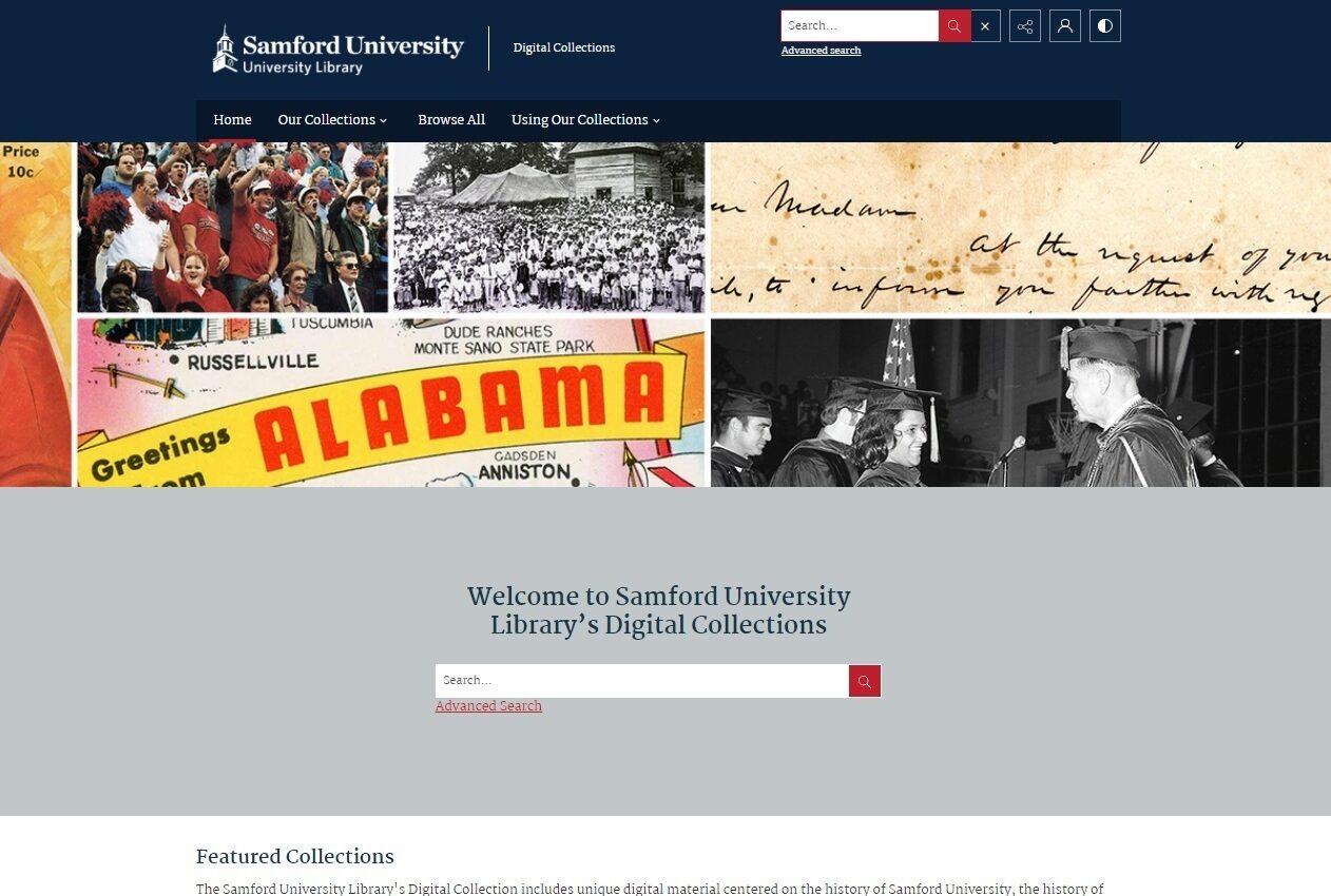 Samford University Library's digital collections homepage featuring colorful images and a search bar.