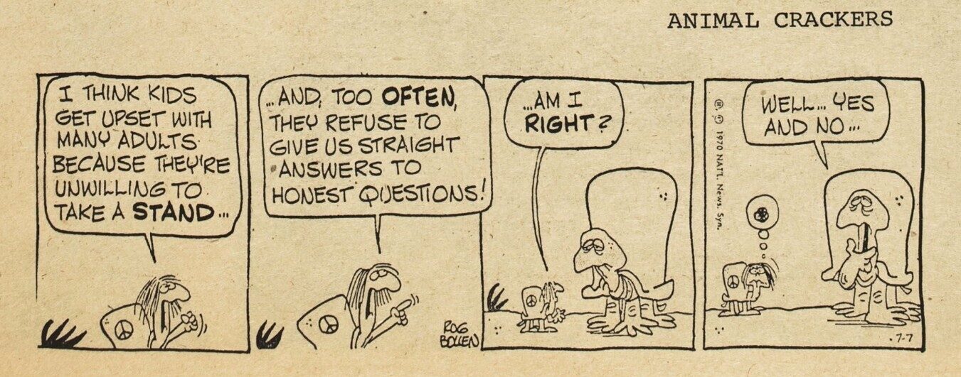 A comic strip showing two animals discussing kids' frustrations with adults and honesty