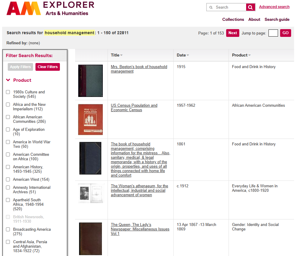 AM webpage displaying search results for household management, listing various historical books and documents.