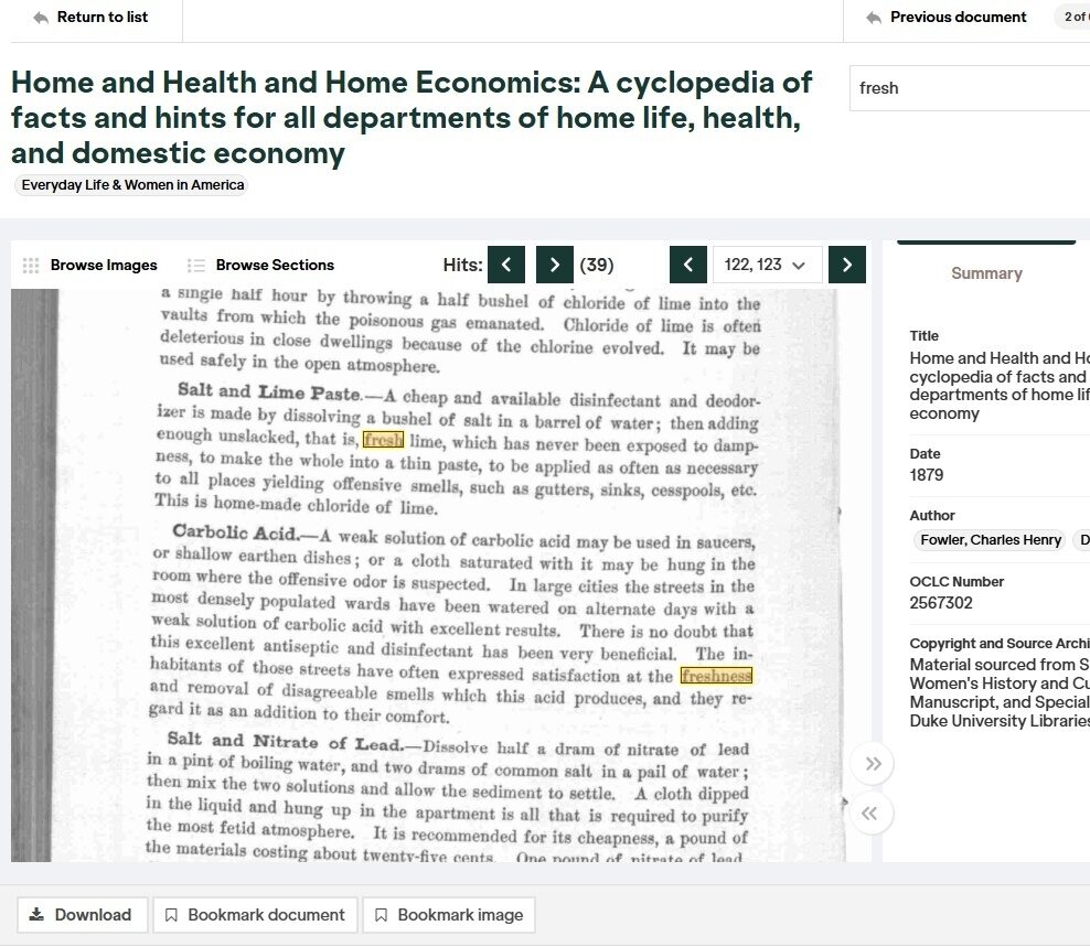 A page from an old book discussing home economics, featuring tips on disinfectants, with highlighted search terms.