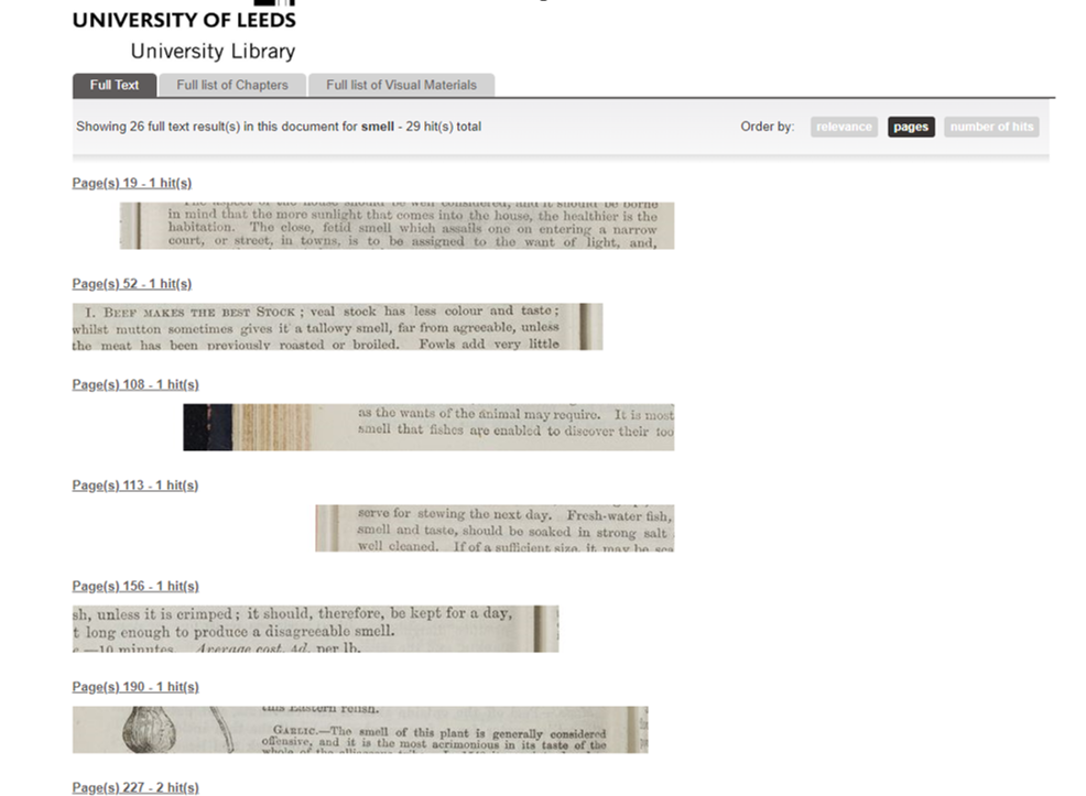 Search results page from the University of Leeds Library, showing excerpts about smell.