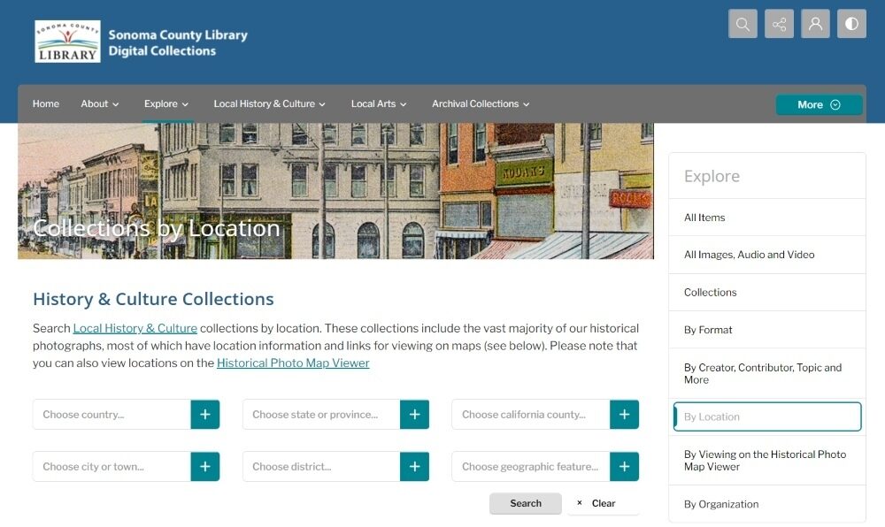 Sonoma County Library digital collections webpage showing history and culture search options by location.