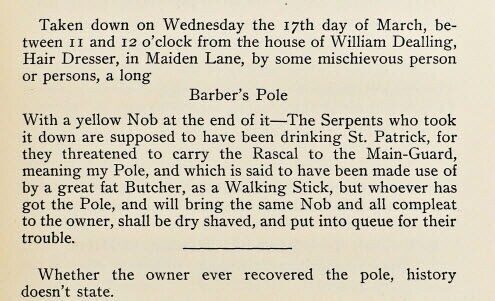 A humourous text about the theft of a barber pole with a yellow end, mentioning St. Patrick.
