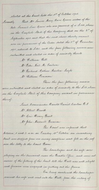 A handwritten document dated October 31, 1910, detailing names and events related to a company.
