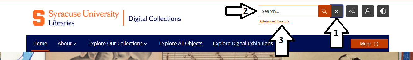 Syracuse University Libraries website header with search bar and navigation arrows