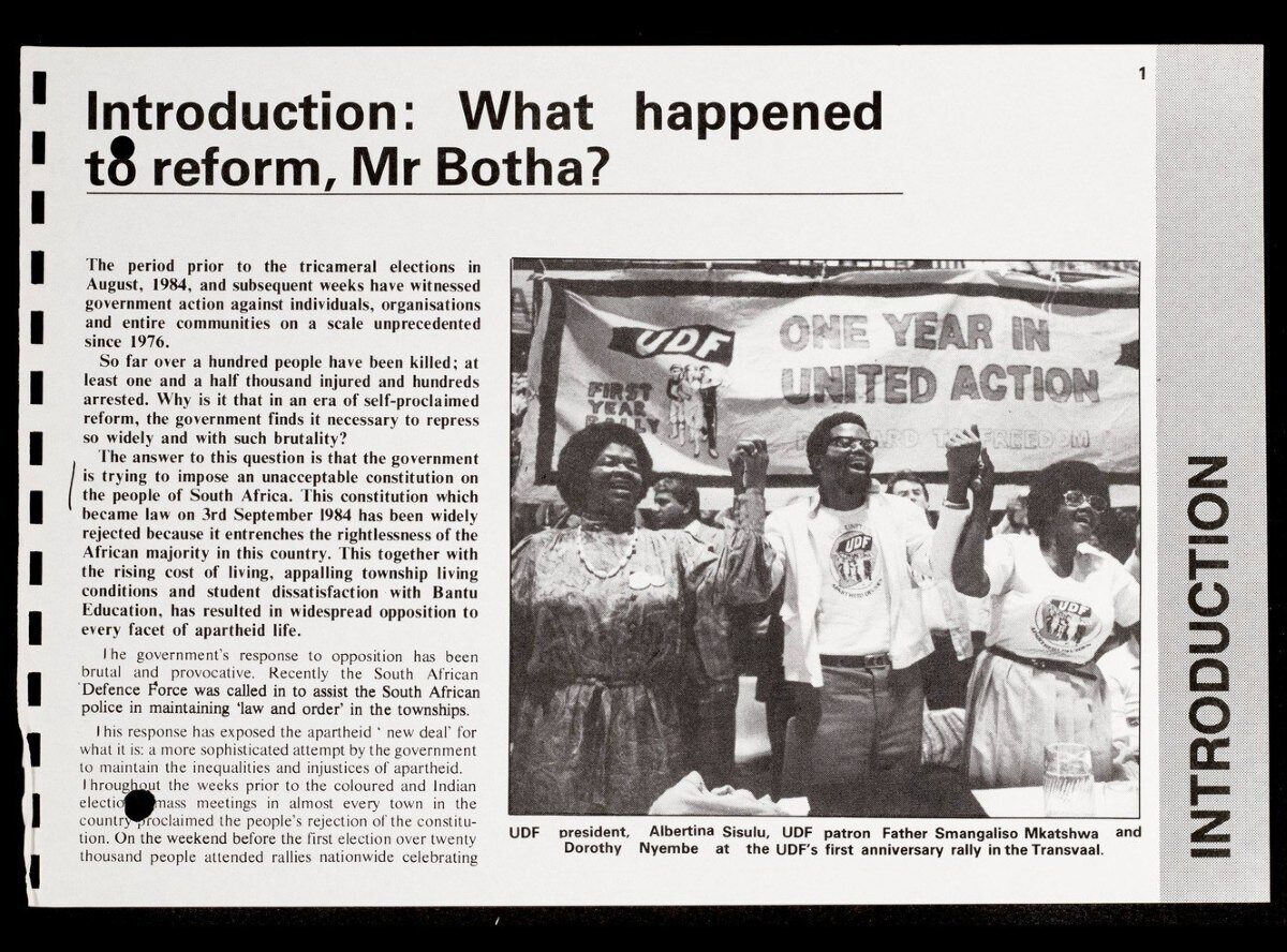 UDF's first anniversary rally with Albertina Sisulu, Father Smangaliso Mkhatshwa, and Dorothy Nyembe celebrating.