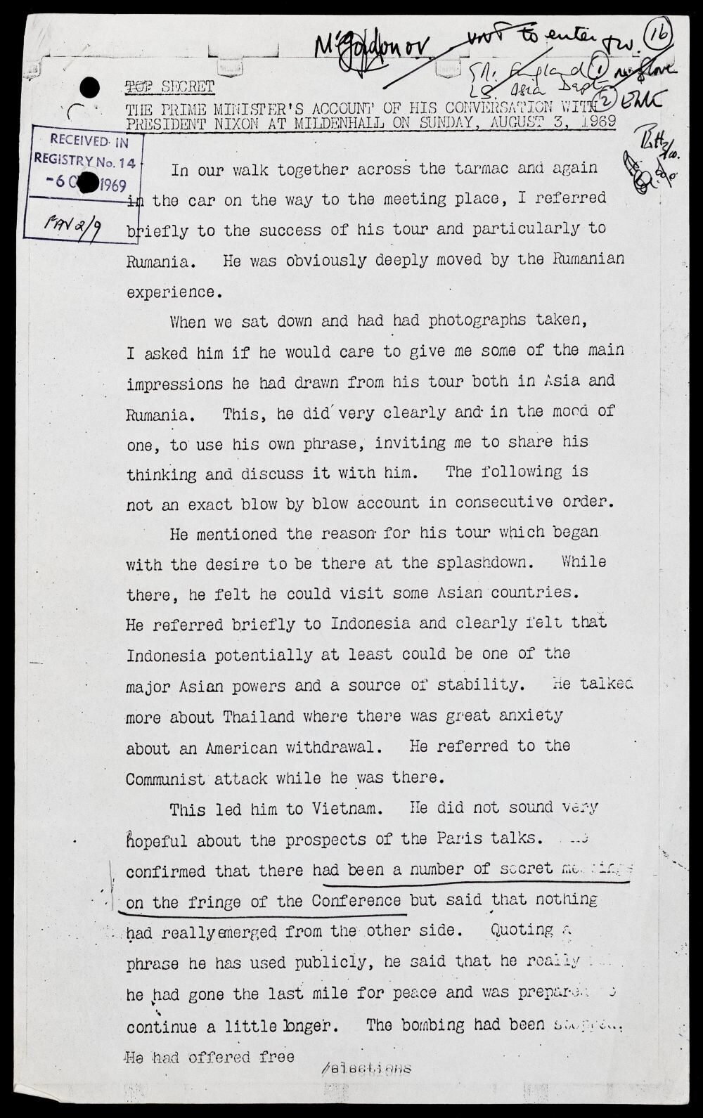 Top secret document detailing a conversation between the Prime Minister and President Nixon in 1969.