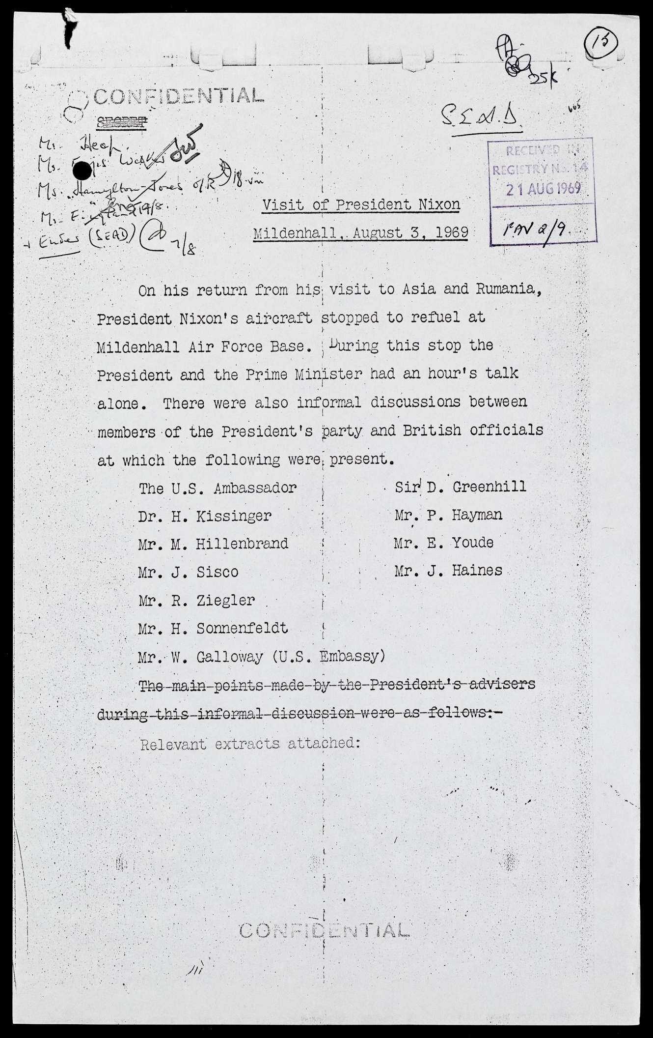 Confidential document detailing President Nixon's visit to Mildenhall Air Force Base on August 3, 1969.