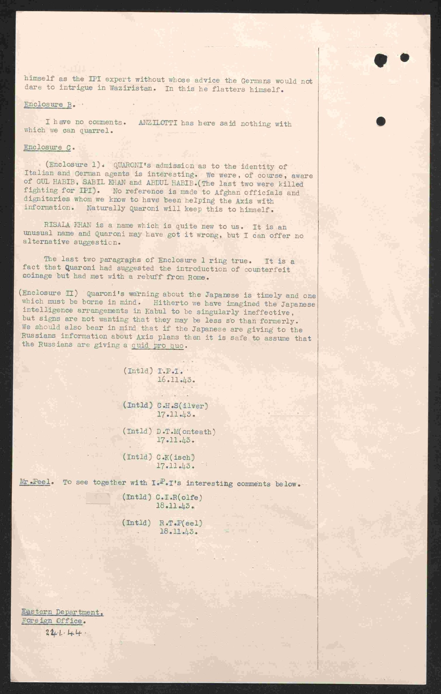 Typed document discussing intelligence and agents, dated November 1943, discussing people and events