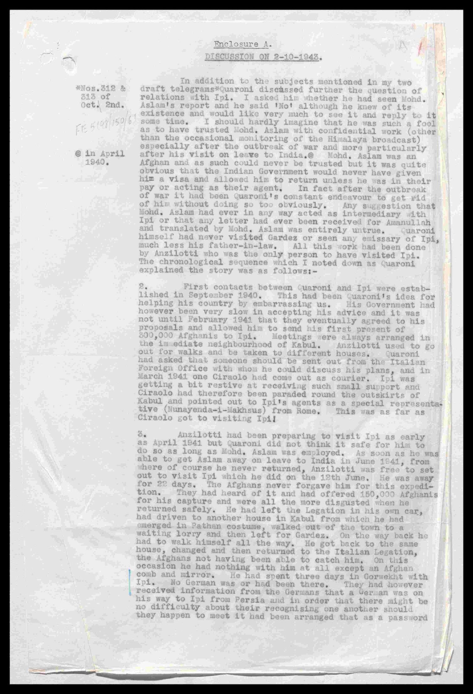 A typed historical document discussing events from 1940 to 1943 involving diplomacy and espionage