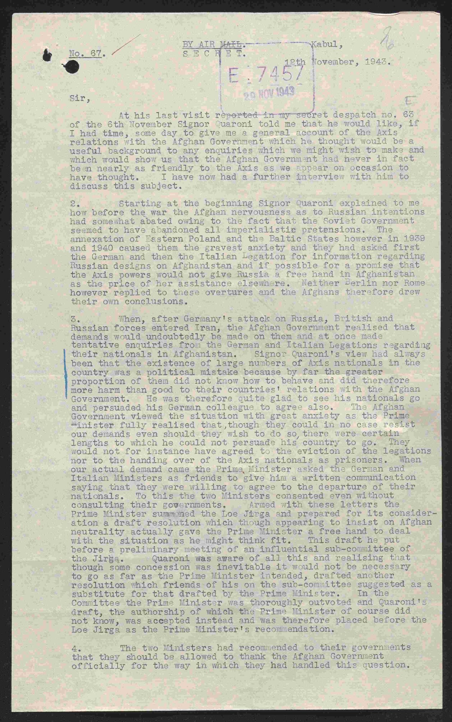A typed letter dated November 12, 1943, discussing Afghanistan's political situation during WWII
