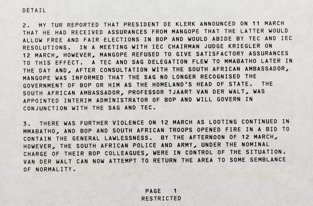 A typed document detailing political events from March 11 to 12, mentioning de Klerk, Mangoe, and violence in Mmabatho.