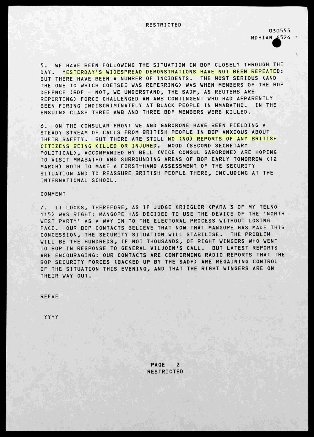 A restricted document discussing protests in Bophuthatswana and British citizens' safety.