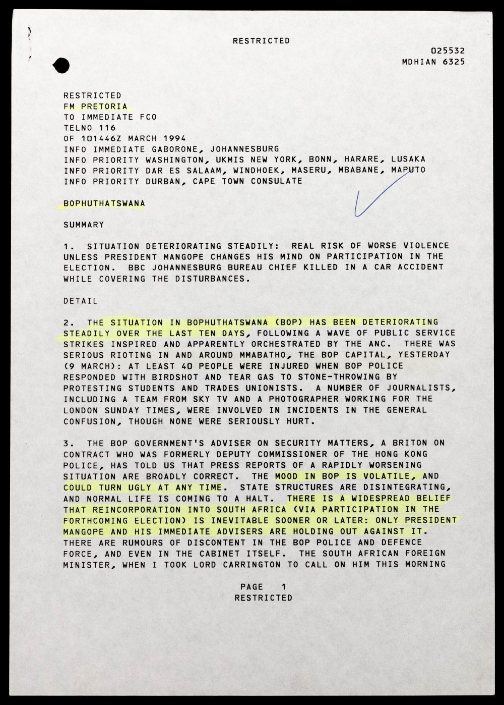 A restricted document reporting on the deteriorating situation in Bophuthatswana, March 1994.