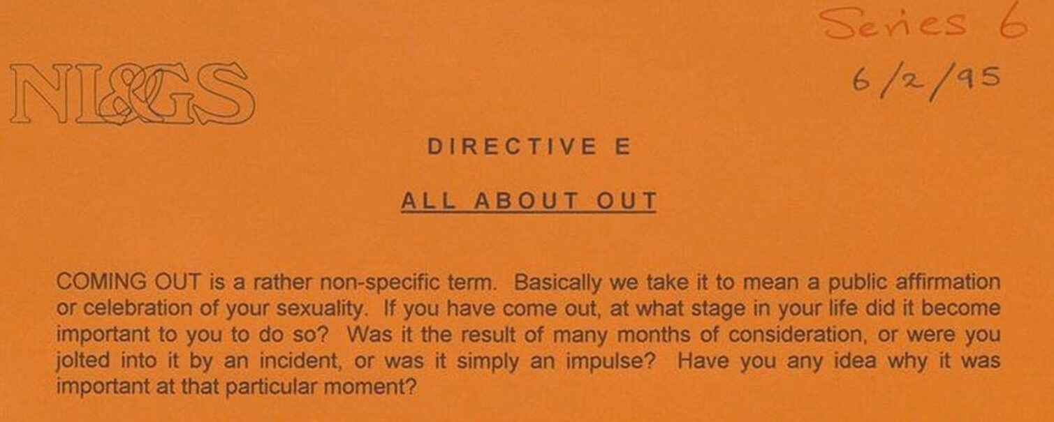 A printed orange document titled "Directive E: All About Out" discussing coming out and its significance