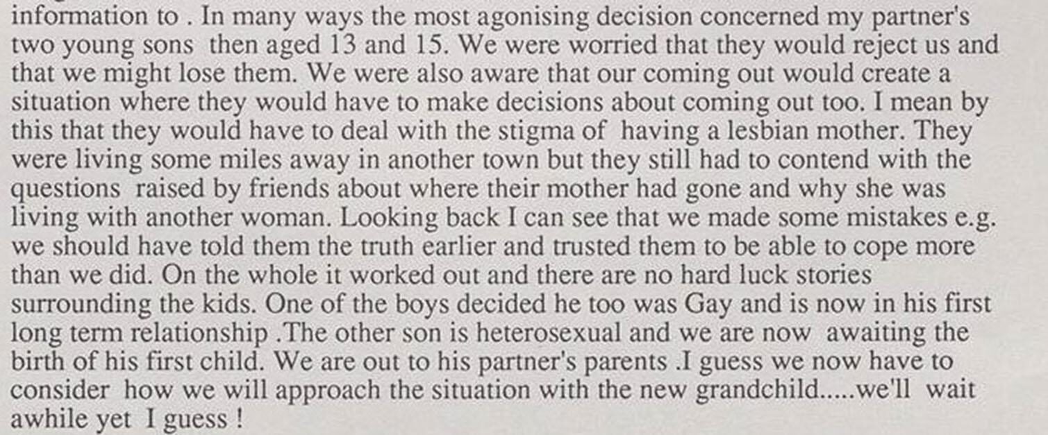 A handwritten note discussing challenges of coming out to family and raising children