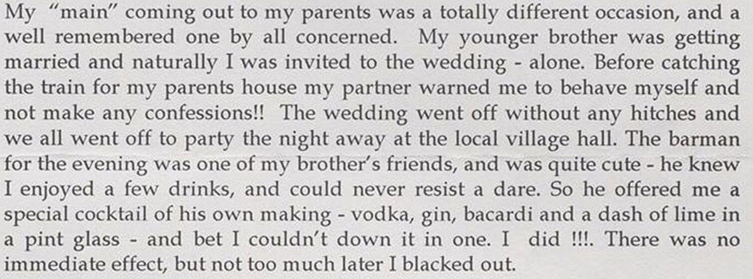 A paragraph of text describing a wedding, drinking cocktails, and a humorous confession