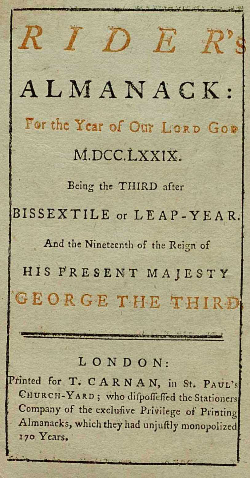Rider's Almanack for 1779, details year and printing information.