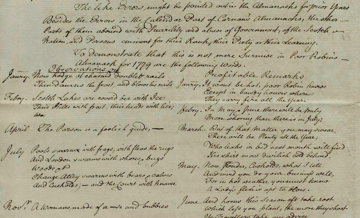 A handwritten document discussing observations for the year 1779 in various months, detailing weather and social comments.