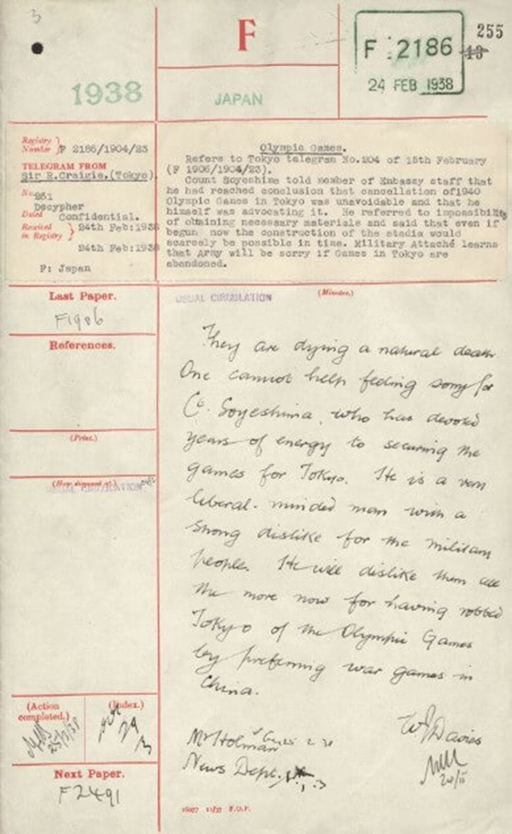 A typed document with handwritten notes, stamps, and other details on aged paper
