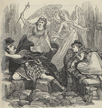 A vintage illustration featuring two angels and a woman in a gown, surrounding a distressed man resting on rocks