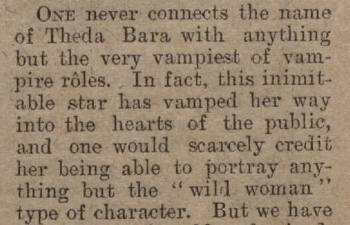 Vintage newspaper text discussing Theda Bara's iconic vampire roles and public perception