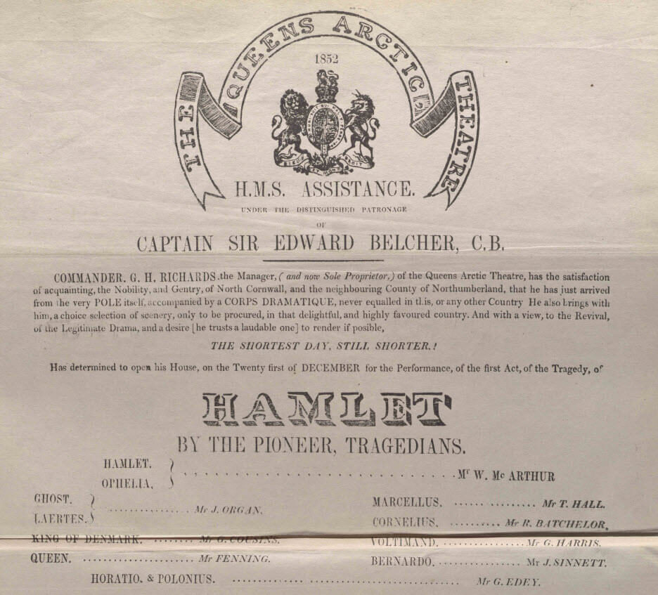 A vintage theater program for Hamlet, performed on December 21, 1852, with cast details.