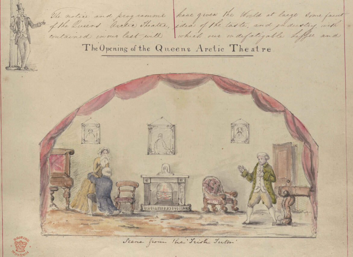 Artwork depicting a stage scene from 'The Irish Tutor' with two characters in period costumes.