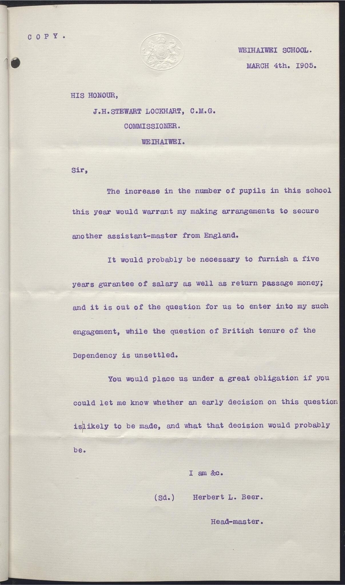 A typed letter discussing arrangements for an assistant-master for a school.