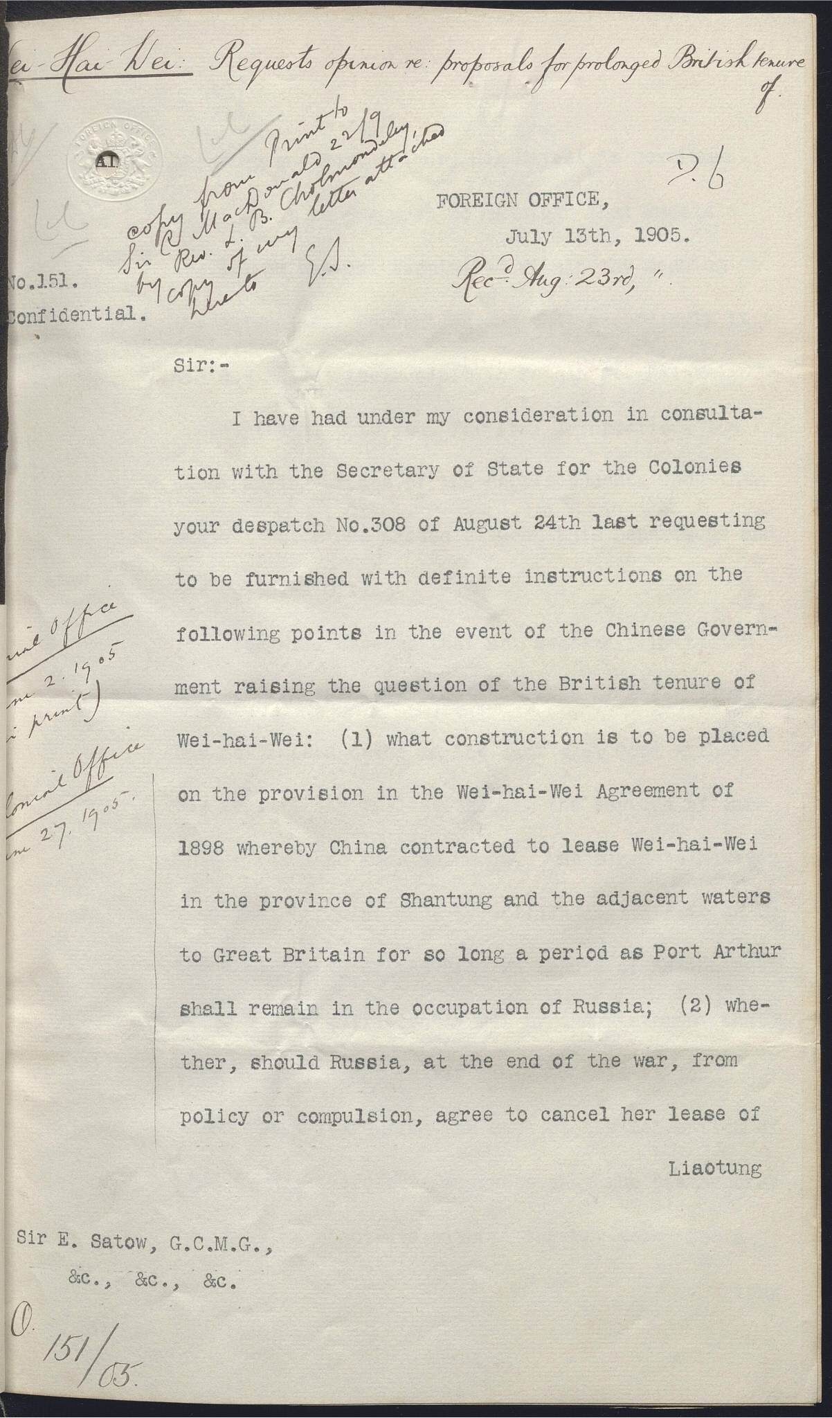 A typed document from the Foreign Office dated July 13, 1905, discussing British tenure in Wei Hai Wei.