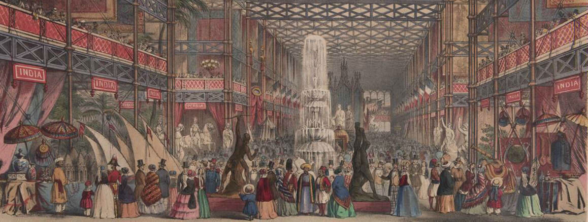 A colourful drawing of a large crowd in a historic hall with stalls and displays.