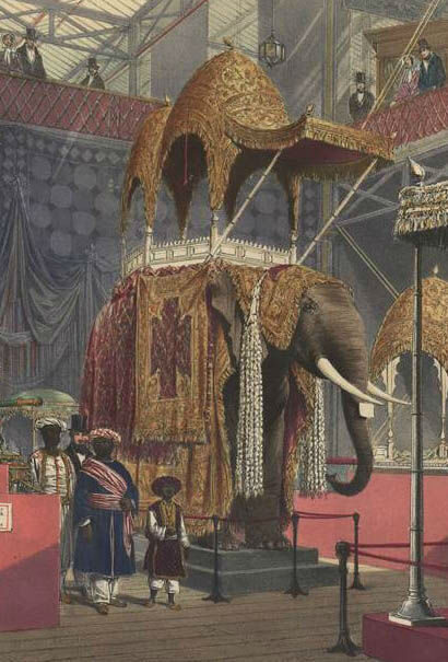 An illustration of a richly decorated elephant wearing a canopy in an exhibition space with onlookers.