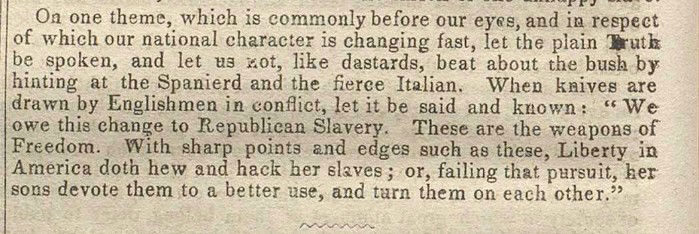 A printed text discussing themes of national character and slavery, including sharp metaphors.