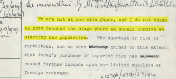 Document excerpt discussing Japan's rice shortage and ethics of starvation.