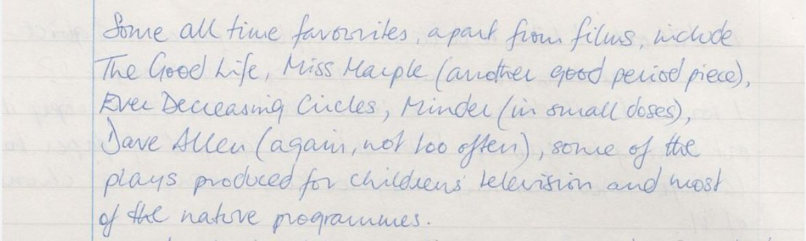 Handwritten notes listing favourite TV programmes, including The Good Life and others