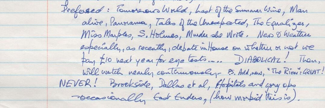 Handwritten notes in blue ink on lined paper covering various topics and preferences