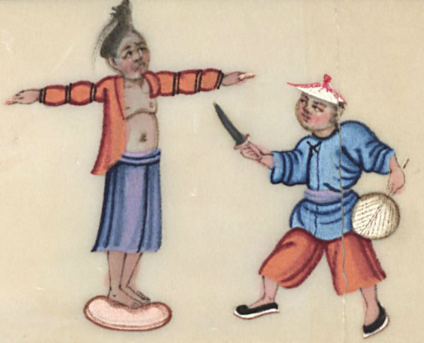 Two colourful characters, one with arms outstretched and the other holding a knife, in traditional attire.