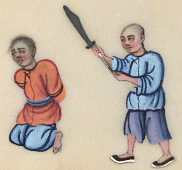 A kneeling figure in orange and blue holding their hands tied, while another figure in blue swings a sword.