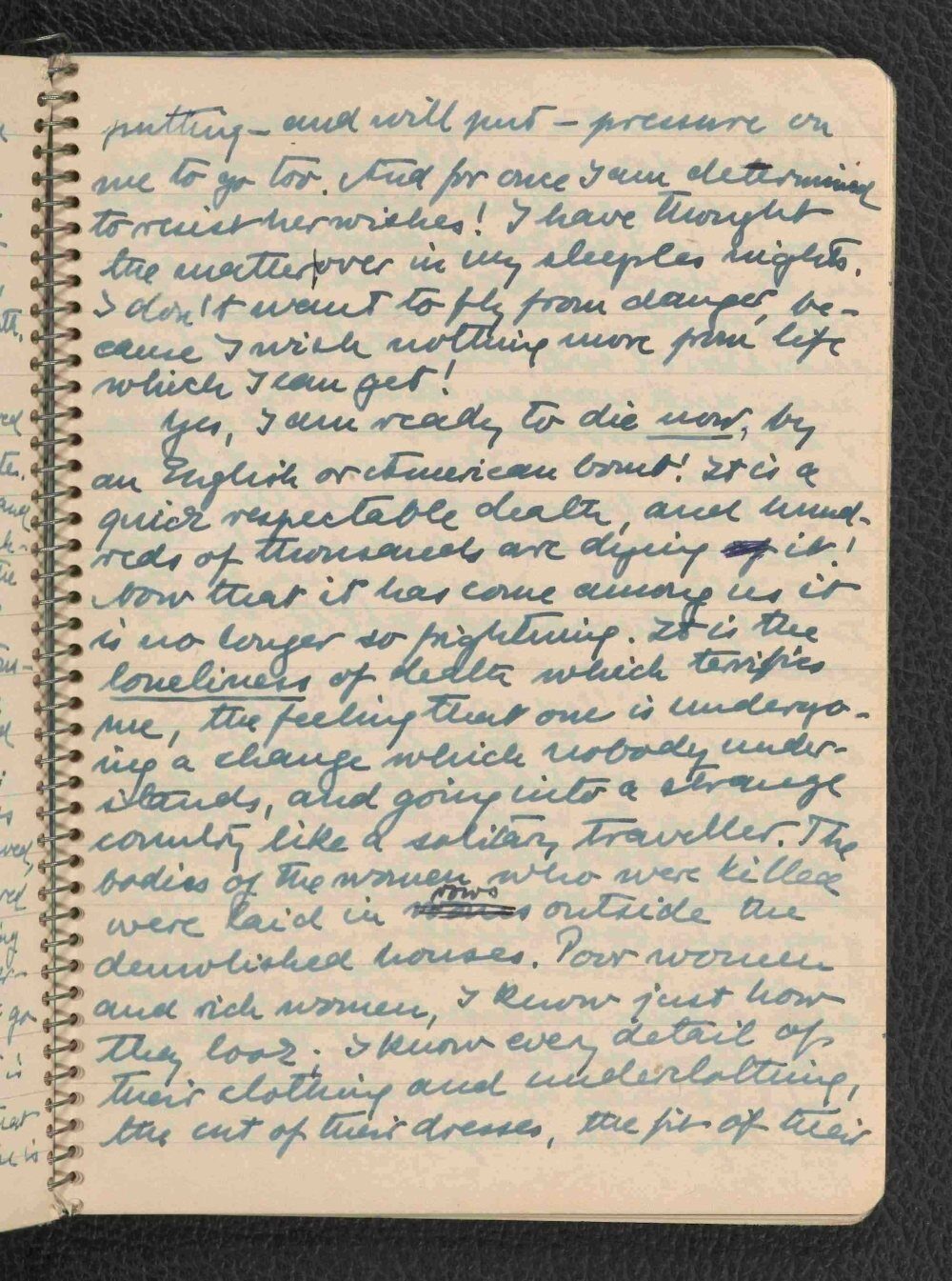 A handwritten journal page with blue ink, expressing deep emotions about life and death.