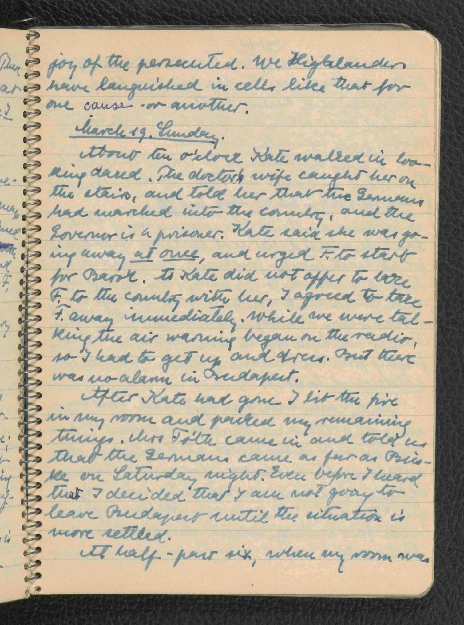 A handwritten diary entry dated March 19, detailing a tense situation with refugees in Budapest.
