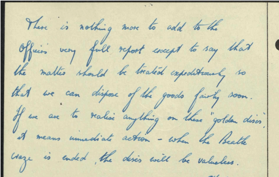 Handwritten note on cream paper discussing a report and the need for immediate action.