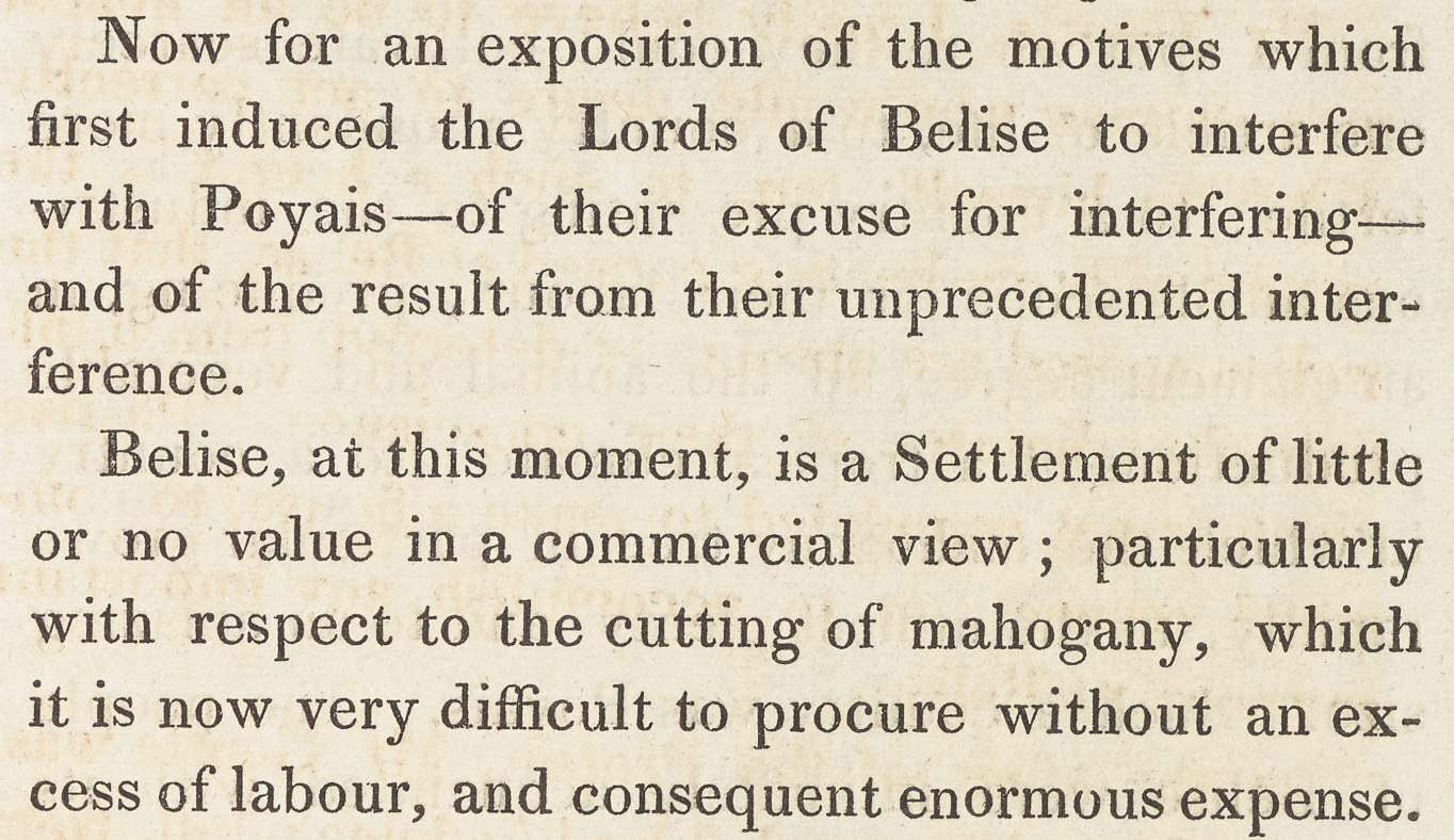 Text discussing the motives of the Lords of Belise regarding Poyais and the settlement's commercial value.