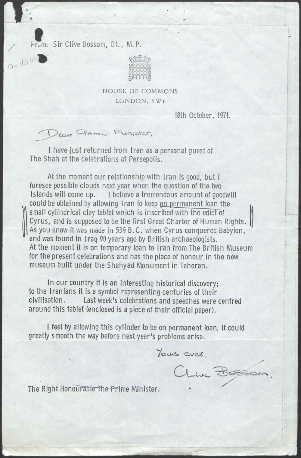 A letter dated October 18, 1971, from Sir Clive Bossom to the Prime Minister, discussing Iran.
