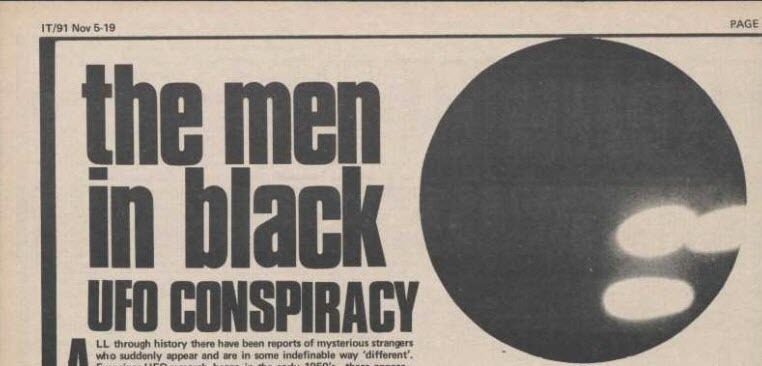 A newspaper headline about the Men in Black and UFO conspiracy, with blurred image.