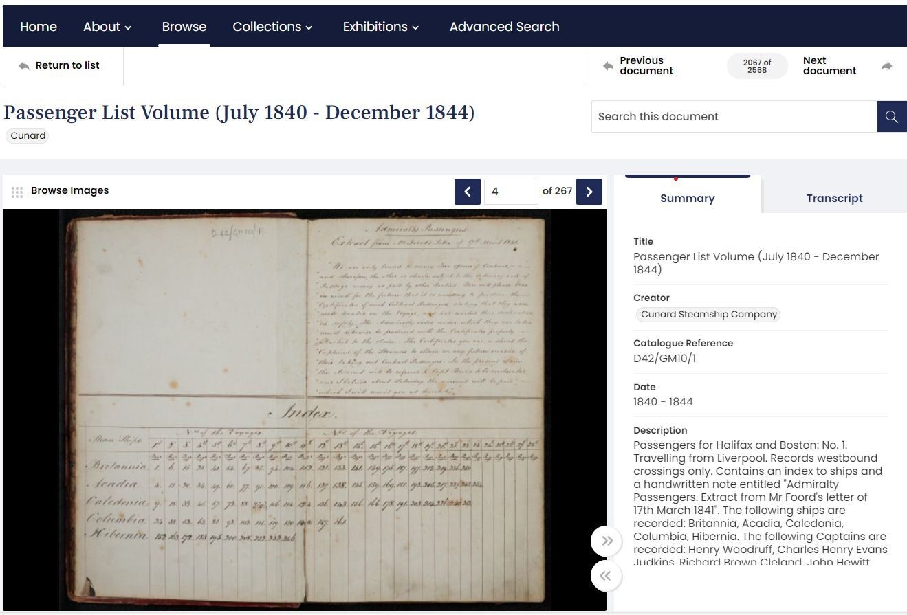 A historical passenger list showing ship names and travel details, with handwritten notes.